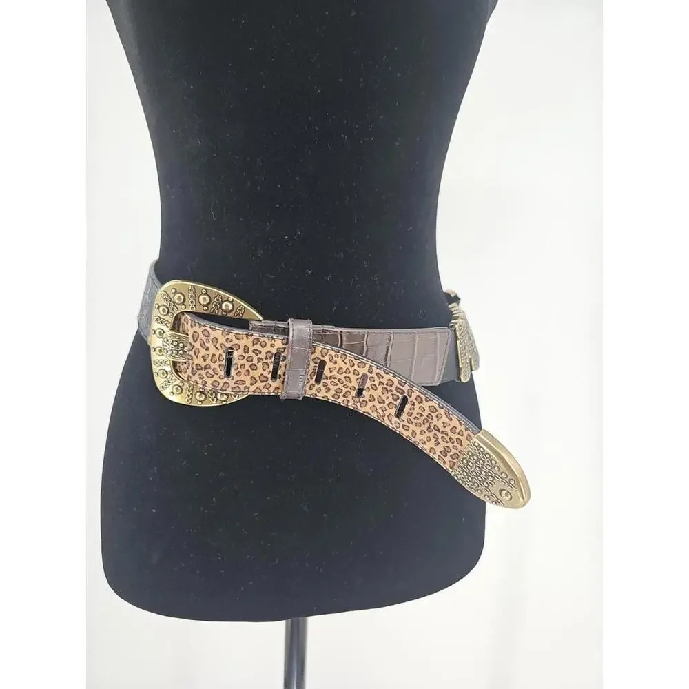 Chico's‎ Women's Leather Belt Small Black Animal Print Gold Buckle